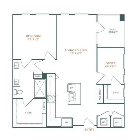 Floor plan for 1 bed, 1 bath, 940 sqft